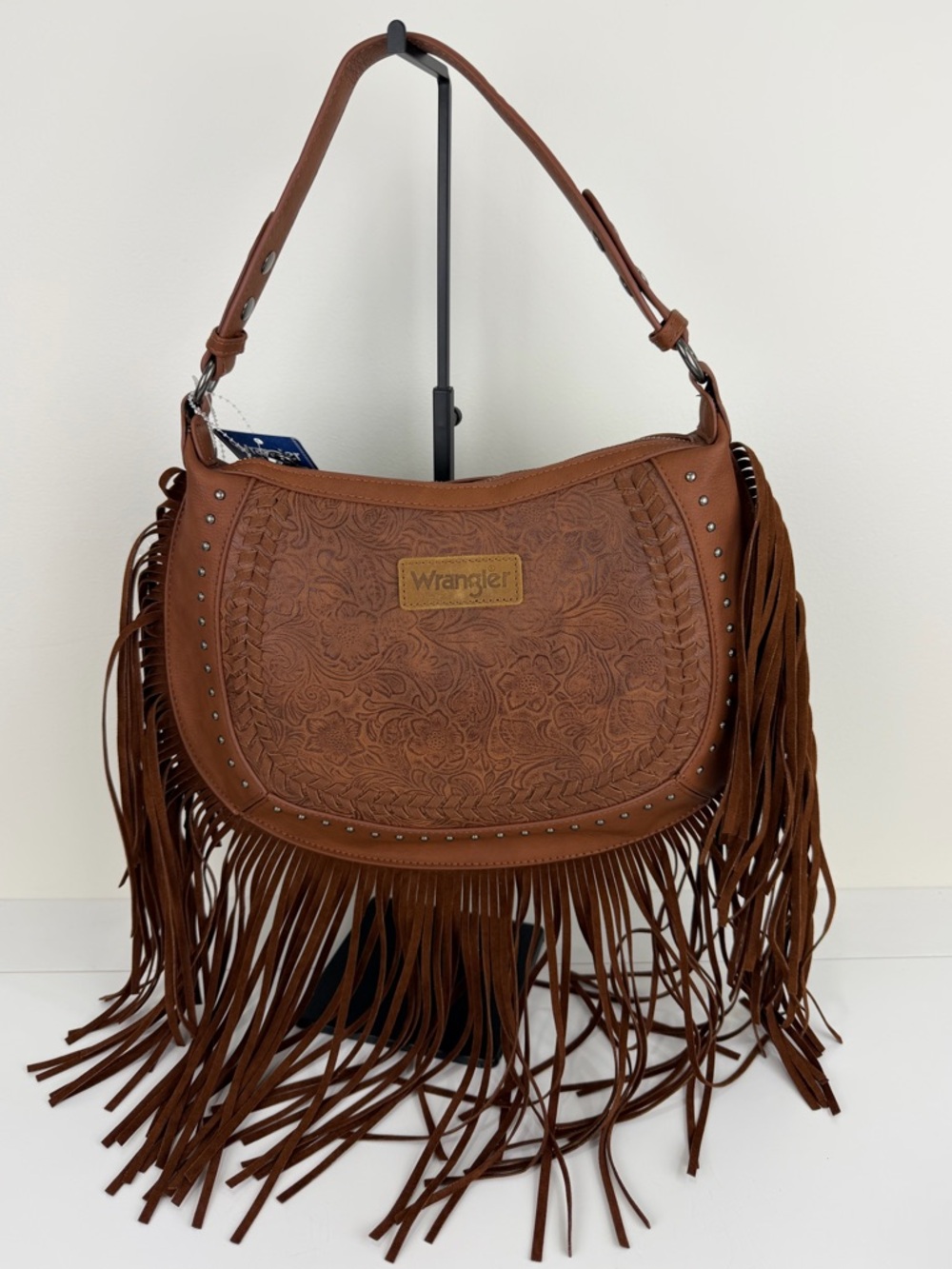 Wrangler Brown Fringe Tooled Shoulder Bag Western Boho Vegan Leather NWT